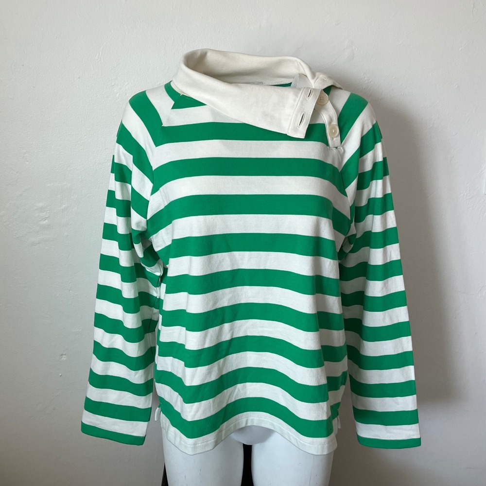 J.Crew Green White Striped Button Funnel Neck Top M Long Sleeve Raglan Cotton